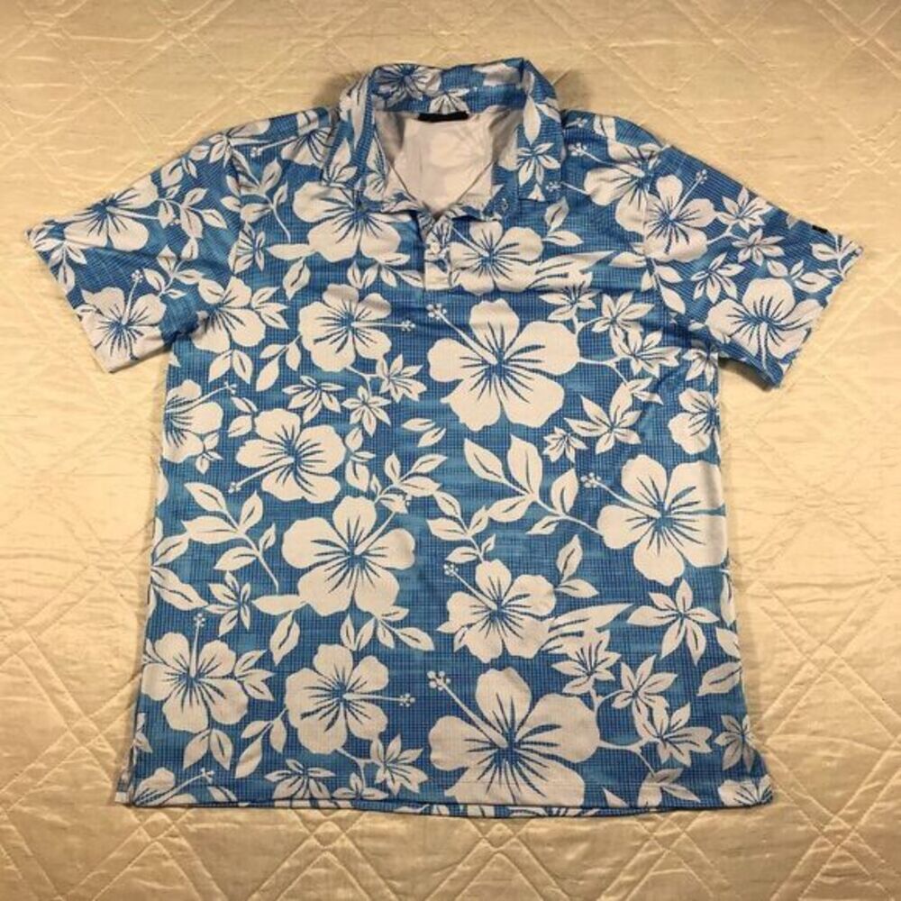 Yatta Golf Polo Shirt Mens Large Blue‎ Floral Hawaiian All Over Performance
